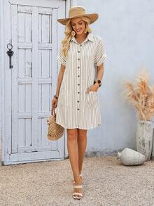 EMERY ROSE 女士条纹印花口袋休闲短袖衬衫裙 - 彩色 - 查看 4