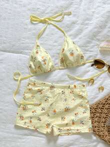 Swim Mod 女士夏季花卉镂空面料挂脖三角杯珍珠装饰泳衣套装，配系带泳裤 - 黃色 - 查看 4