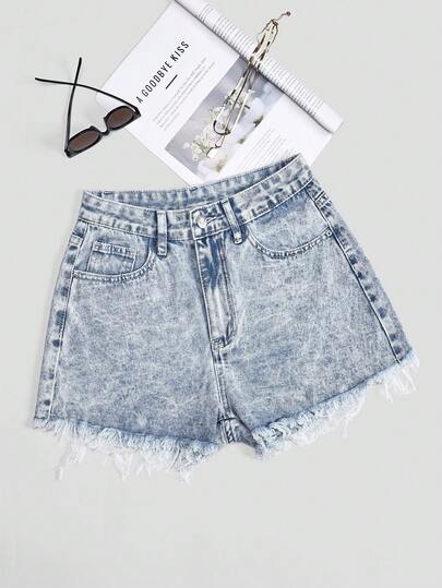 SHEIN Fashionable Casual Star Rhinestone Frayed Hem Women Denim Shorts