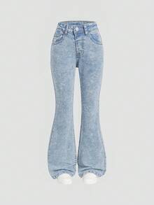 SHEIN ChillGRL بنطلون جينز أزرق فاتح مرتفع الخصر مناسب للفتيات، تصميم ضيق مطاطي مع حافة مبهتة، مناسب للخروجات اليومية والارتداء الخارجي - أزرق فاتح - مشاهدة 4