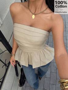 Siren Gaze 亚麻褶皱双面荷叶边衬衫，露背上衣，亚麻荷叶边衬衫，基础款亚麻衬衫，夏季衬衫，女士夏季上衣，100%纯棉上衣，休闲度假衬衫，送给她的礼物 - 棕色 - 查看 5