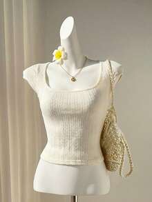 Elamini 女士杏色纹理针织高弹方领短袖修身T恤，甜美性感欧美风，春夏款 - 杏色 - 查看 3