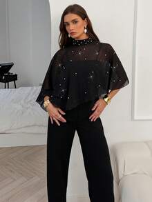 Elenzga New Elegant Sheer Sequin Chiffon Pearl Sequin Capelet Top + Fashionable Adjustable Strap Flared Zipper Jumpsuit Two Pieces Set, Women's Suit, Suitable For Fashionable Female Styling - Black - View 3