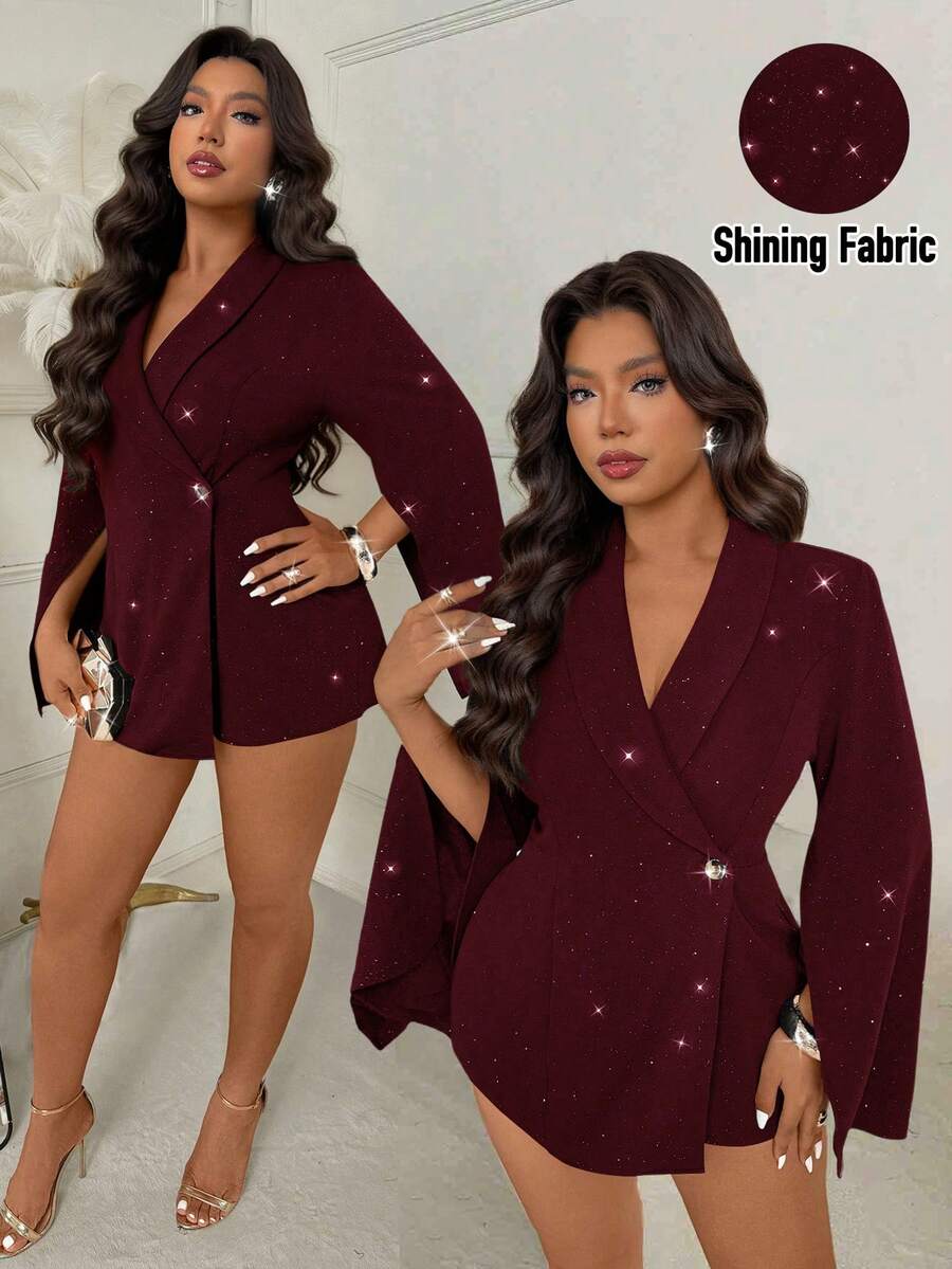 SHEIN Clasi 大码女式披肩领开衩袖两件式亮片连体裤 - 酒紅色 - 查看 1