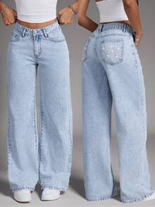 SHEIN Women's Casual Fashionable Street Daily Commute Star Rhinestone Loose Wide-Leg Jeans - Light Wash - View 2