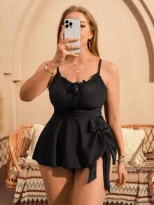 Swim Lushoire Bộ bikini hai mảnh cạp cao hình tam giác màu trơn dành cho nữ cỡ lớn, gồm quần bơi và váy bơi. - màu đen - Xem 5