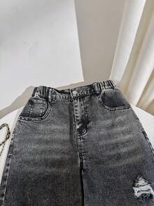 SHEIN 女孩的意识形态 Y2K 夏季水洗破洞宽松阔腿牛仔裤 - 深灰色 - 查看 4