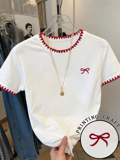 Resyla Camiseta de manga corta de talla grande con estampado de lazo y ribete de color contrastante, de estilo casual de verano