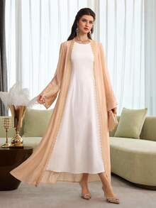 Al Najma Áo khoác cardigan tay dài dáng rộng kiểu nghỉ dưỡng với lớp ren phủ ngoài - trái cam - Xem 3