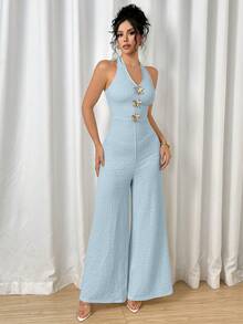 Mulvari Combinaison-pantalon pour femmes avec décoration en forme d'étoile de mer en métal - Bleu azur - Voir 7