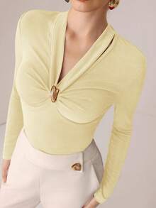 Modelyn Metal Buckle V-Neck Pleated Long Sleeve Elegant Fitted T-Shirt Tops For Women,Classy Pale Yellow Autumn Office Body Shirts New Arrivals Latest Tops - Yellow - View 6