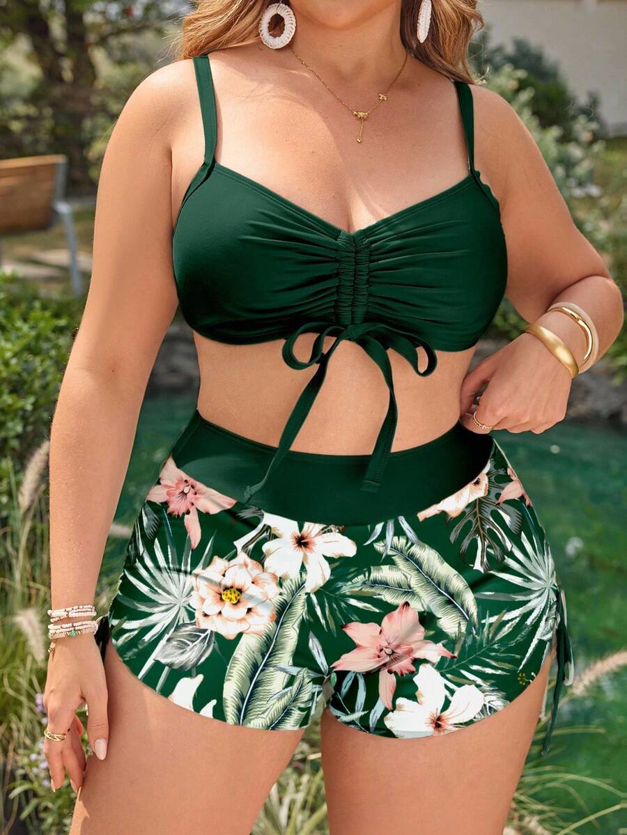 Swim Lushoire Conjunto de bikini de talla grande con estampado de hojas tropicales y bloques de color para mujer