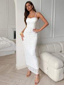 Elenzga New Arrival Romantic French Lace Spaghetti Strap Bodycon Dress, Luxury Elegant Party Evening Gown - White - View 5