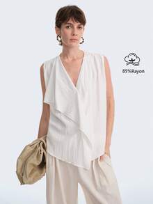 Selianne Women's Solid Color V-Neck Asymmetrical Hem Casual Versatile Daily Wear Blouse - White - View 1