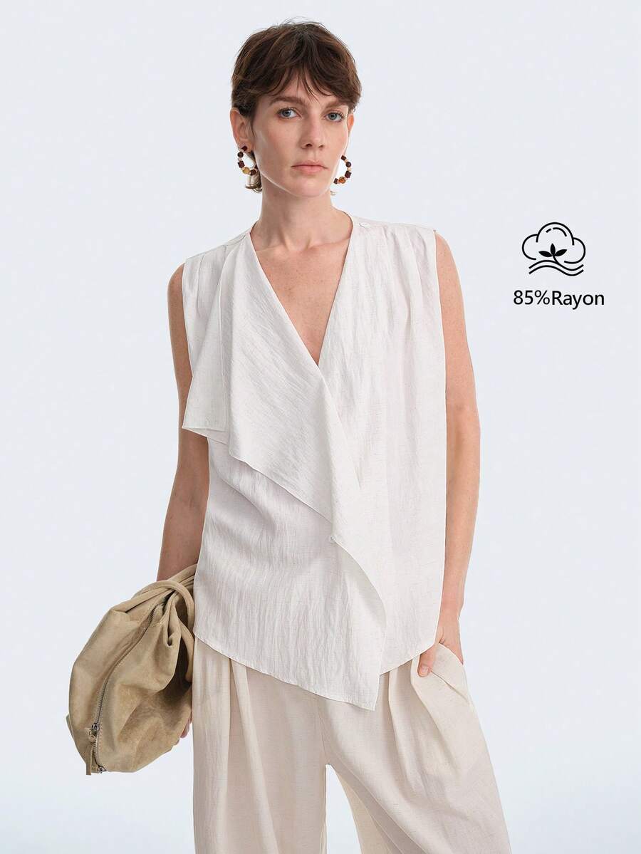 Selianne Women's Solid Color V-Neck Asymmetrical Hem Casual Versatile Daily Wear Blouse - White - View 1