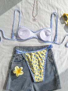 Swim Mod Women's Swimwear Set, Floral & Plaid Print, 2 Pieces Summer Holiday Beach Outfit - Multicolor - View 2