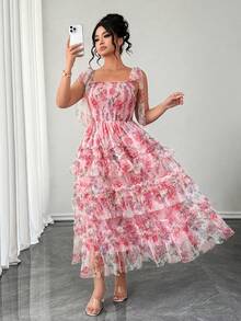 SHEIN Elenzya Plus Size Women Floral Print Vacation Mesh Layered Cami Dress, Suitable For Wedding, Birthday Party, Wedding Reception, Elegant Date, Afternoon Tea - Pink - View 1