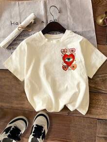 SHEIN LUNE 女士印花T恤，休闲街头风短袖T恤，可爱夏季上衣 - 杏色 - 查看 2