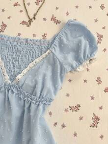 Elamini Women's Jacquard Deep V-Neck A-Line Ruffle Trim Regular Blouse - Baby Blue - View 4