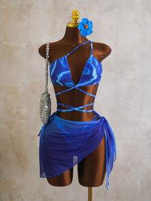 Zestiva 2026新款女士夏季沙滩度假蓝色抽象印花露背系带比基尼三件套泳装 - 藍色 - 查看 8