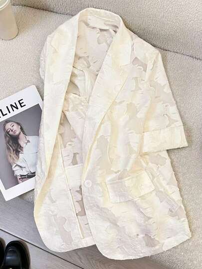 Franclia Women's Sheer Jacquard Transparent Blazer, Romantic Vintage Modern Commuter Lady Elegant Party Wear White Blazer Women's Blazer Short Sleeve Blazer Summer Blazer Floral Sheer Blazer Women's Blazer Lightweight Blazer White Cardigan Blazer For Women Womens Blazer White Jacket