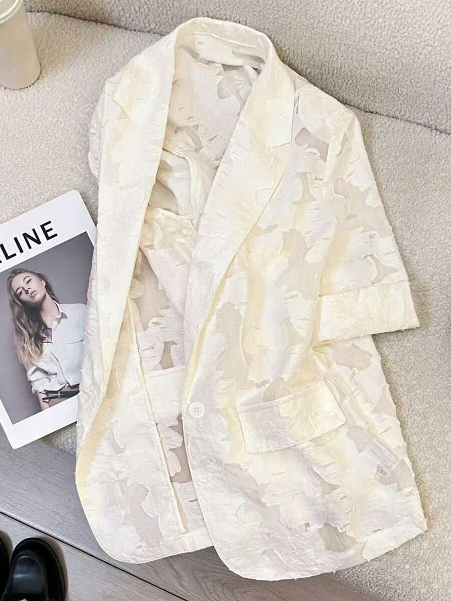 Franclia Áo blazer nữ xuyên thấu, chất liệu jacquard, kiểu dáng lãng mạn cổ điển hiện đại, phù hợp cho công sở, dự tiệc, thanh lịch, màu trắng, áo blazer tay ngắn nữ, áo blazer mùa hè, áo blazer xuyên thấu họa tiết hoa, áo blazer nhẹ nữ, áo cardigan trắng, áo blazer nữ, áo khoác trắng, áo blazer họa tiết hoa, áo blazer mùa hè màu trắng. - Màu be - Xem 1