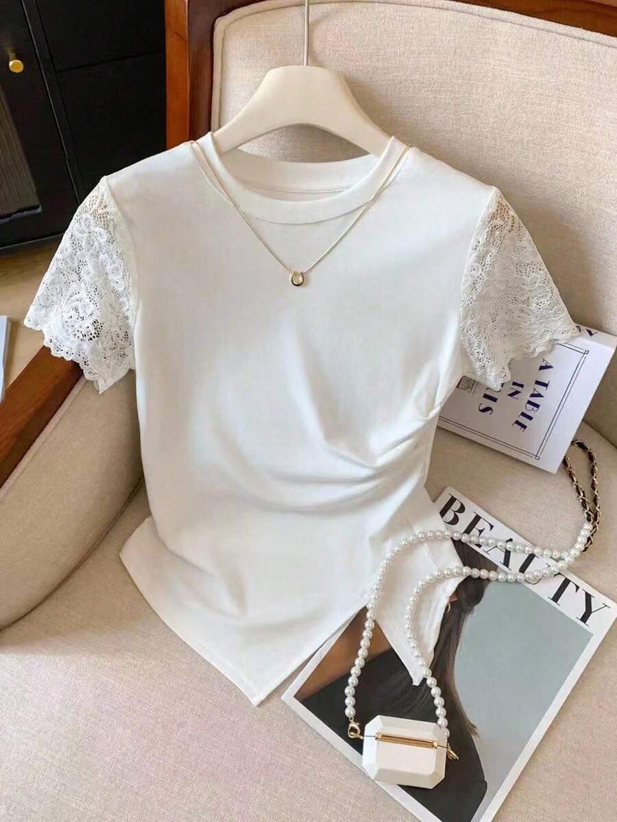 SHEIN LUNE Summer Casual Solid Color Lace Patchwork Short Sleeve T-Shirt - White - View 1
