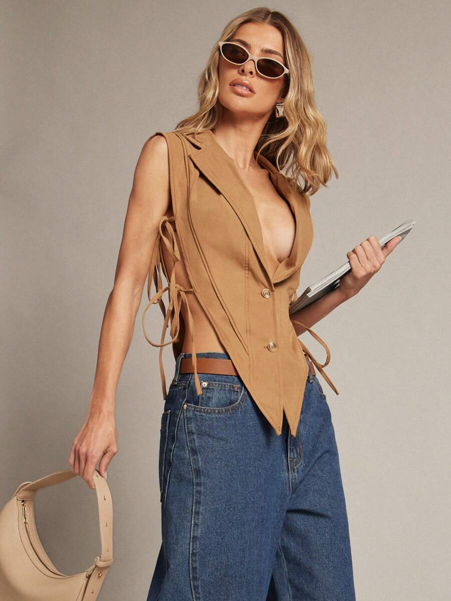 Hauture Camiseta de tirantes con escote en V profundo, botones delanteros y lazos laterales, para verano - Caqui - Ver 1