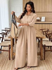 Weeklong Plus Size Women's Collared Jumpsuit With Ruffle Mid-Sleeve, Waist Cinched, Casual & Office Wear - Khaki - View 6