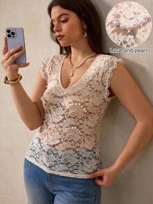 Elegantrix Women's Lace Ruffle Puff Sleeve Tight Fitting Top, French Casual Daily Wear, Spring/Summer - Apricot - View 1