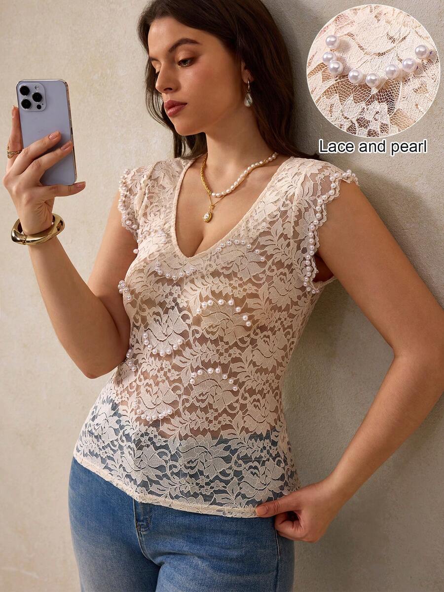 Elegantrix Women's Lace Ruffle Puff Sleeve Tight Fitting Top, French Casual Daily Wear, Spring/Summer - Apricot - View 1