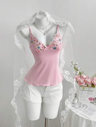 Elamini Top de bralette con bordado y ribete de encaje rosa, correas de espagueti, estilo casual de vacaciones para mujer. Camiseta de punto con cintura elástica en línea A, adecuada para la temporada de bodas y vacaciones en la playa