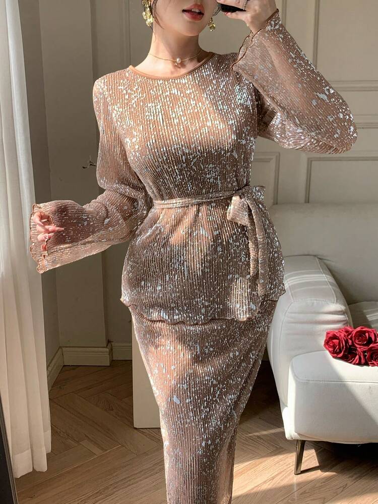 Spring & Summer Sequin Shiny Tie-Up Waist Long Sleeve Blouse, Fitted Gold Top For Valentine's Day, Wedding, Party, Formal Occasion; Elegant Bodycon Mermaid Skirt Two Pieces Set For Women