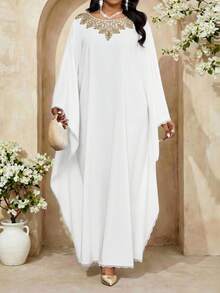 Fleurora Plus Size Women Applique Decor Round Neck Batwing Sleeve Loose Elegant Dress White Abaya Caftan Dress Butterfly Abaya White Modest Dress Abayas Dubai Luxury Summer Dress Spring Dress Women Carnival Costume Party Dress Beach Dress Summer Holiday Outfits Spring Outfit Women Formal Dress White Church Dress Women - White - View 6