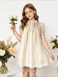 Glamorique Tween Girl Girls Elegant Lace Trim Puff Sleeve Cinched Waist Apricot Princess Dress, Summer - Apricot - View 3
