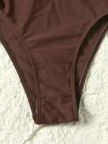 Conjunto de biquíni Swim Chiccia, novo, marrom sólido, com babados e alças finas, sexy e elegante, perfeito para férias na praia, piscina, festas e Natal. Conjunto feminino elegante. - Castanho - Ver 6