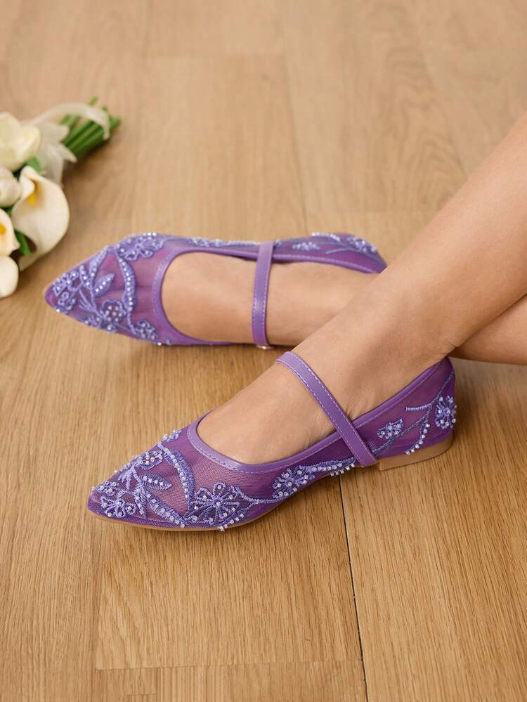 CUCCOO HITCHD Women's Elegant Commuter Flats With Floral Embroidery, Mesh And Pearl Decor Wedding Shoes Spring Shoes Bride Shoes