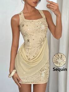 Siren Gaze Đầm ngắn không tay thêu ngọc trai dành cho nữ, đầm hai dây xếp ly, đầm thanh lịch, đầm dự tiệc, đầm dự đám cưới, đầm ngắn duyên dáng dành cho nữ. - Màu be - Xem 9
