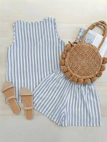 Omancia 2pcs/Set Summer Casual Striped Tank Top And Shorts Set - Blue - View 2