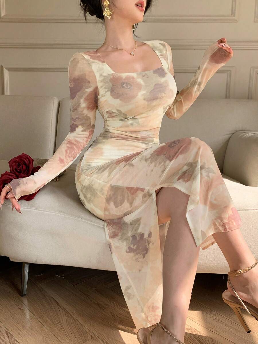 DAZY 春夏花卉印花大花性感音樂節情人節婚禮宴會派對優雅通勤收腰修身魚尾網紗透視長袖女款中長洋裝 - 杏色 - 查看 1