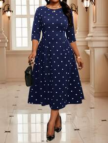 SHEIN Lady CURVE Vestido elegante de lunares de talla grande para fiesta, vestido de lunares negros, vestido de lunares negros y blancos, vestido para iglesia para mujer, vestido de lunares elegante midi, vestido de lunares negros y blancos, vestido midi de lunares de talla grande con estampado de lunares, cuello redondo, contraste de ribete, abertura midi, manga tres cuartos, vestido elegante - Azul Marino - Ver 6