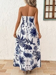 SHEIN Clasi Women's Floral & Sun Print Ruched Casual Party Dress - Blue - View 2