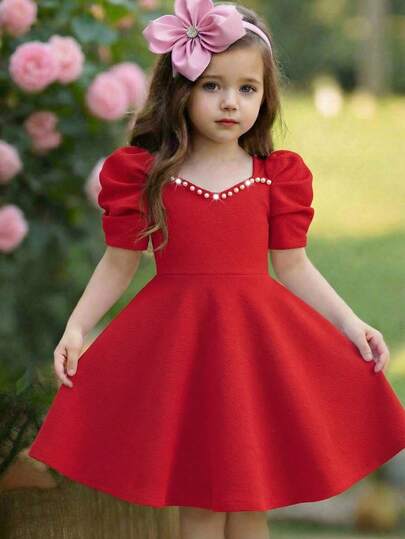 SHEIN Young Girl Solid Color Pearl Decor Petal Sleeve Fitted Casual Dress