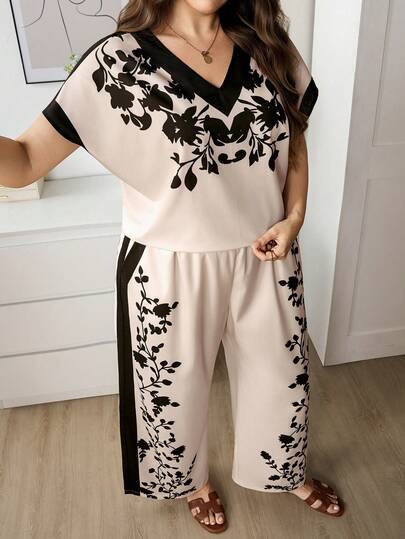 SHEIN LUNE 大码女式V领碎花短袖上衣和阔腿裤休闲两件套