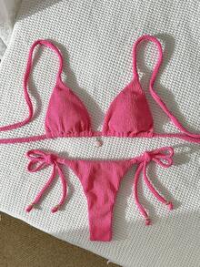 Swim Mod 女士提花面料露背金属装饰性感比基尼套装 - 玫紅色 - 查看 3