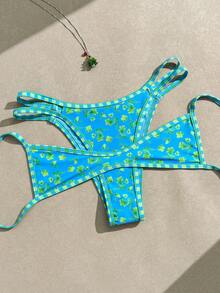 Swim Mod 春夏新款欧美甜美花卉撞色格纹流苏双面两件式泳衣套装，系带丁字裤比基尼，黄色碎花撞色流苏加垫聚拢性感比基尼泳衣，适合海滩、水疗中心、生日派对等场合，沙滩比基尼度假比基尼，绑带比基尼日光浴比基尼，花卉比基尼 - 彩色 - 查看 4
