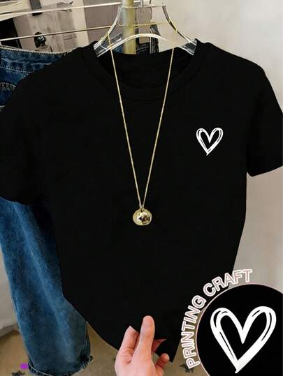 Camiseta casual femenina, estilo moderno, súper grande, en forma de corazón, tela suave, cuello redondo, manga corta, primavera y verano, uso diario, camiseta
