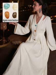 Al Najma Vestido modesto de estilo árabe con mangas largas, lazo y adornos de perlas, color albaricoque, para primavera/verano - Albaricoque - Ver 1