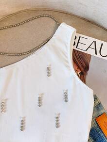 Lyxana Elegant Women's White Studded Shoulder Top - White - View 4