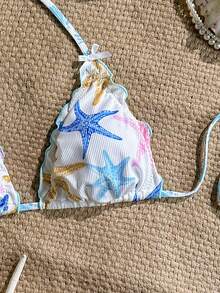 Swim Mod 女士泳衣上装，罗纹海星挂脖系带，夏季假日沙滩泳装 - 彩色 - 查看 3